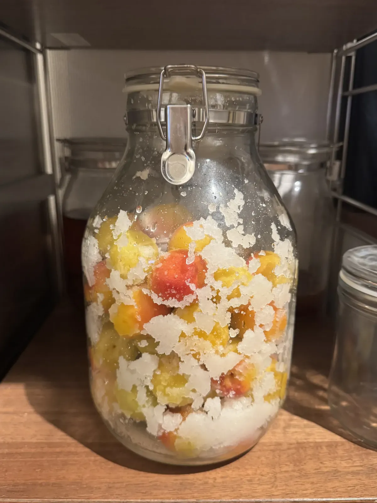 The same jar a day later, the salt crust broken up and beginning to dissolve around the plums